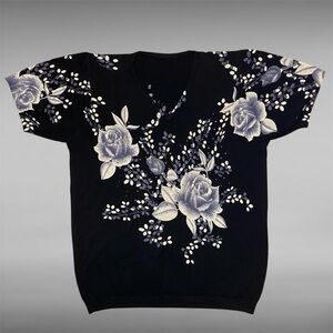 Black V-Neck Top with Floral Design and Multicoloured Embellishments